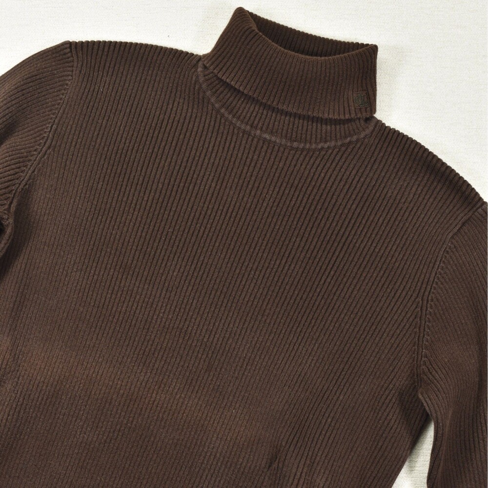 Lauren Ralph Lauren Brown Ribbed Turtleneck Sweater Size XL Monogram Knit Japan